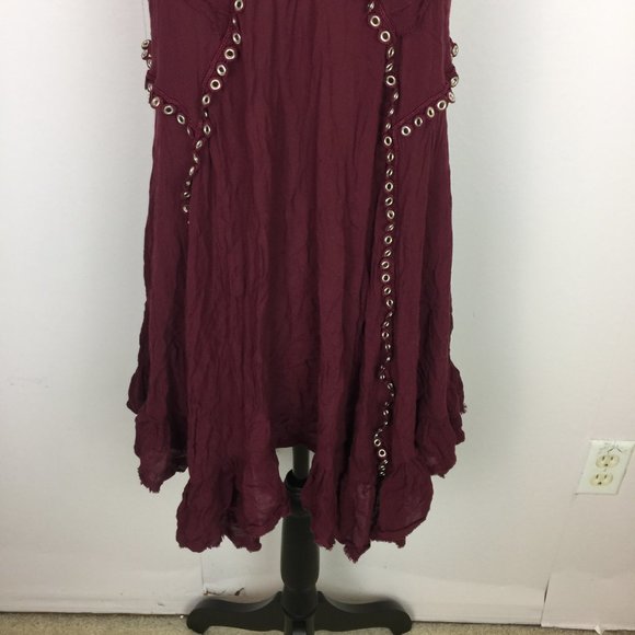 Free People Slip Dress Sz M Red Burgundy Trapeze V-Neck Studded Cross Ba… - Picture 5 of 16